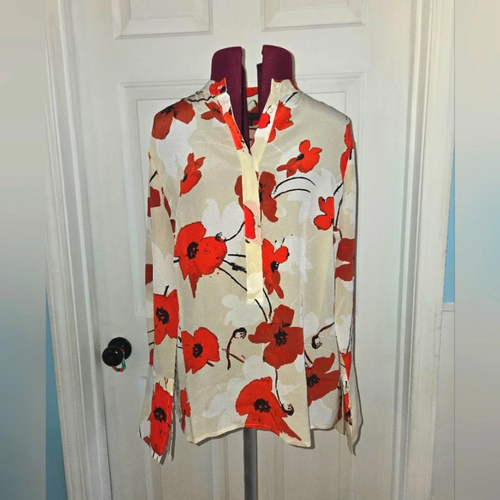 J. Crew Red Poppy Floral Long Sleeve Silk Blouse